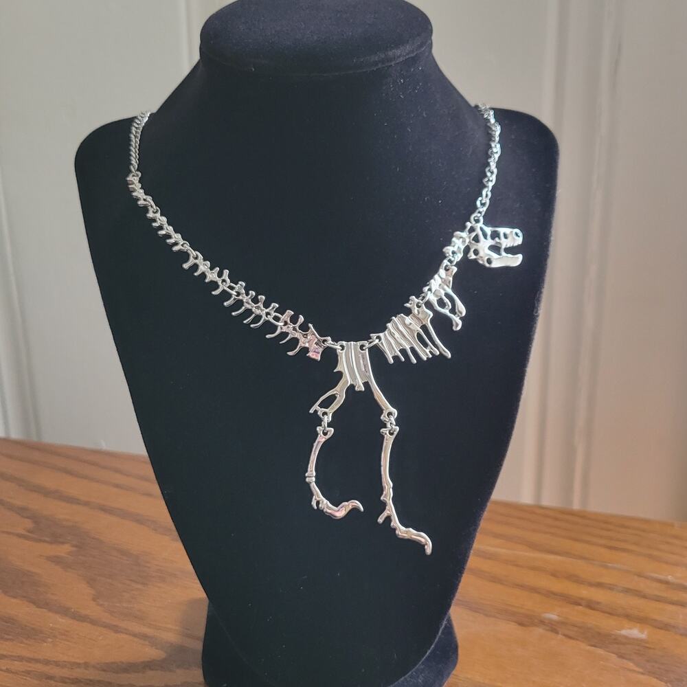 T-Rex silver tone bib statement necklace